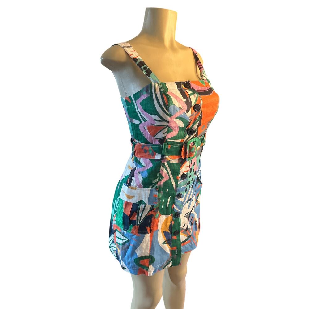 0 Parker Weslyn Button Belted Mini Dress Printed Cargo Colorful Linen Sleeveless